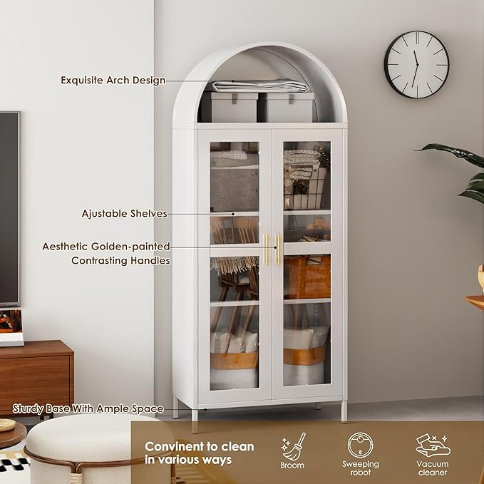 VEXPOR 73" Tall Arched Display Cabinet with Glass Doors, Metal Arched Curio Cabinet with 2 Adjustable Shelves for Living Room, Home Office, Assembly Required, White