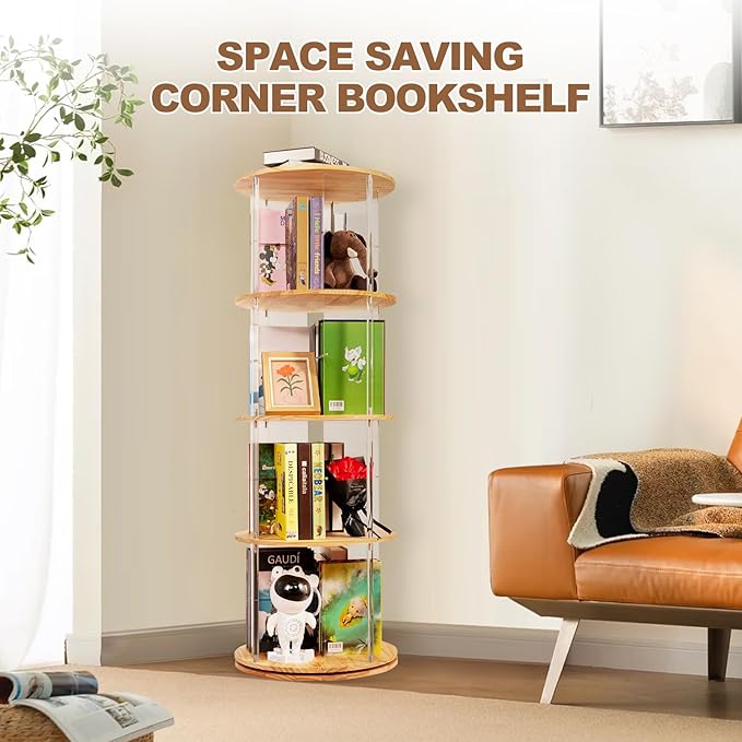 TAKEKIT 360° Rotating Bookshelf, 4-Tier Spinning Book Shelf Tower with Solid Wood & Clear Acrylic, Round Revolving Bookcase for Living Room, Bedroom and Office