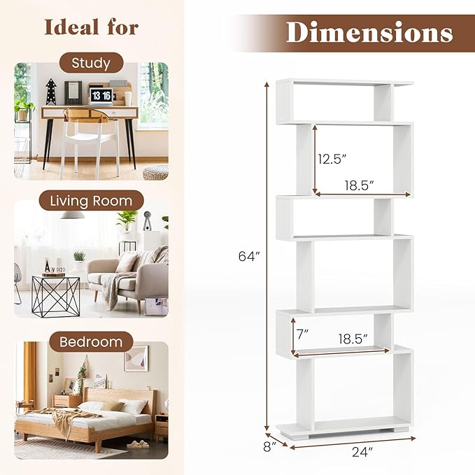 Giantex 6-Tier Geometric Bookshelf, S-Shaped Bookcase with 2 Anti-Tipping Kits, Wooden Display Shelf, Decorative Storage Shelving Unit, Home Storage Organizer for Office Living Room (1,White)