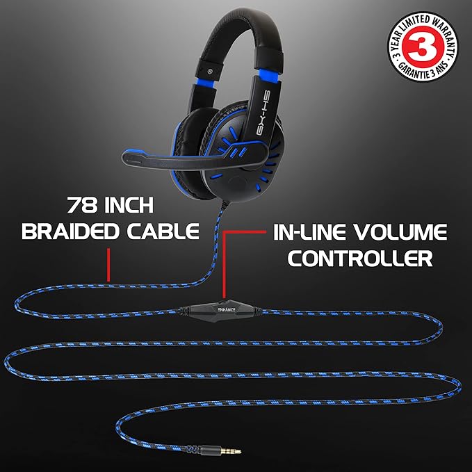 ENHANCE GX-H5 Gaming Headset with Microphone - Universal Gaming Headset for PS4, PS5, Xbox, PC, Switch with Adjustable Headband, Volume Controller, USB Sound-Isolating Earcups, Splitter Cable (Blue)