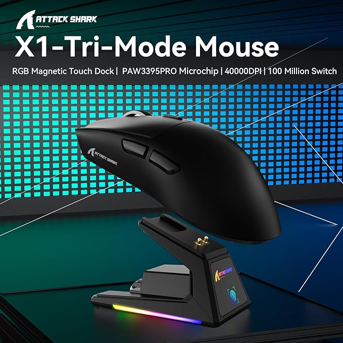 ATTACK SHARK X1 Superlight Wireless Gaming Mouse with RGB Magnetic Charging Dock, BT/2.4G Wireless/Wired Gaming Mouse, PAW3395PRO Gaming Sensor, 40000DPI, 53g Office Mice for PC/Mac/Win/Xbox (Black)