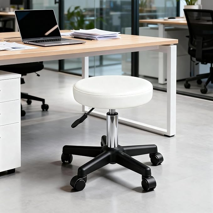 Nova Microdermabrasion Rolling Stool with Wheels Swivel Salon Stool Adjustable Drafting Tattoo Office Chair for Massage Bar Kitchen Spa Shop with Thick Cushion (White)