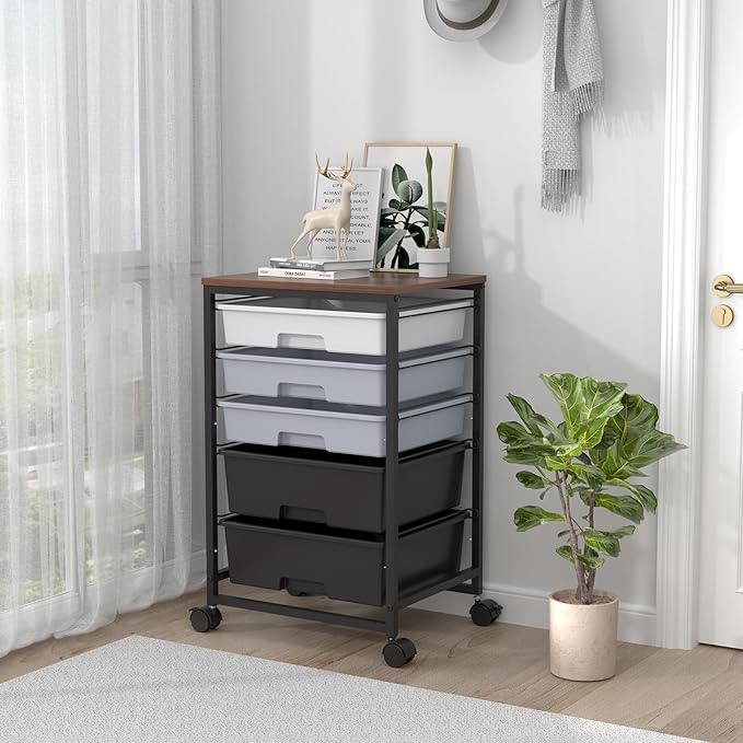 SYKIARIOL Utility Cart with 5 Drawers,Storage Drawer Cart with Wooden Tabletop and Lockable Wheels,Craft Storage Trolley Cart,5-Tier Rolling Utility Cart on Wheels,Dark Grey