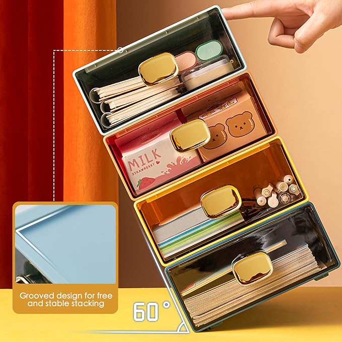 2PACK Stackable Desk Organizer Drawer 6.5"x9"x3" Desk Storage Drawer for Office Clear Plastic Organizer with Drawer for Stationery Cosmetic, Pen, Jewelry, Lipsticks (Yellow, M-2 Drawer)