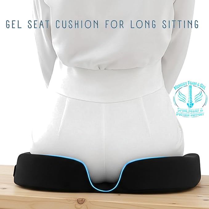 Seat Cushion For Tailbone Pain Relief – Ergonomic Gel Memory Foam Pad for Sciatica & Lower Back Support, Perfect for Office, Car, Truck, Gamer, Airplane, Wheelchair & Home, Bonus Pill Case Included
