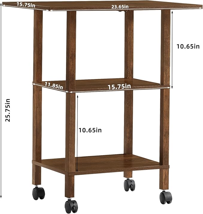 YUFAM 3 Tier Home Printer Stand with Storage, Wooden Mobile Printer Table Shelf, Rolling Printer Cart Shelf with Lockable Wheels fit Fax Machine, Scanner, Brown