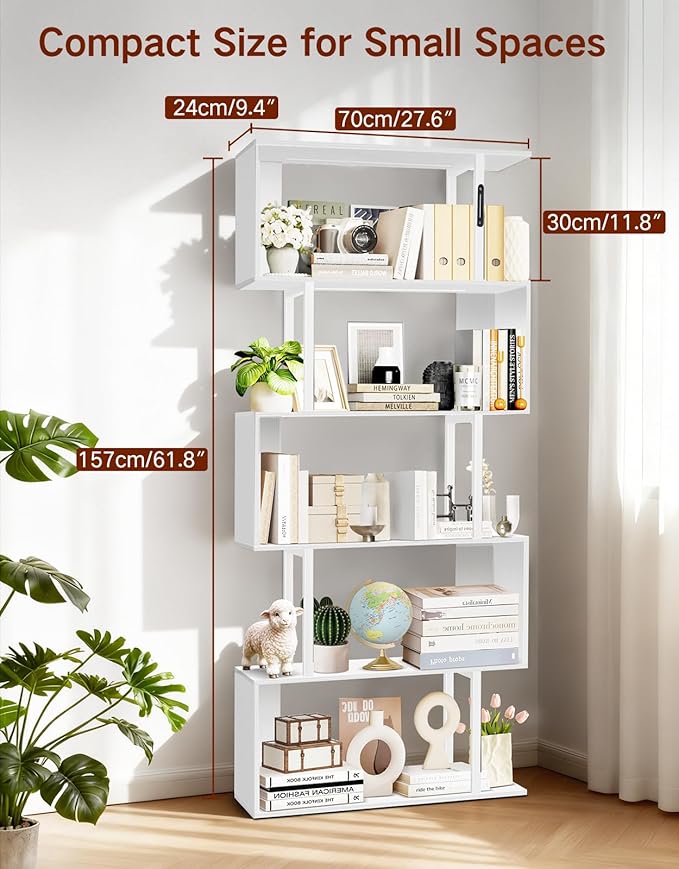 6 Tier S-Shaped Geometric Bookcase with LED Light, Touch & Remote Control, Wide Tall Freestanding Display Shelf, Industrial Storage Cabinet for Living Room, Bedroom, Office(White)