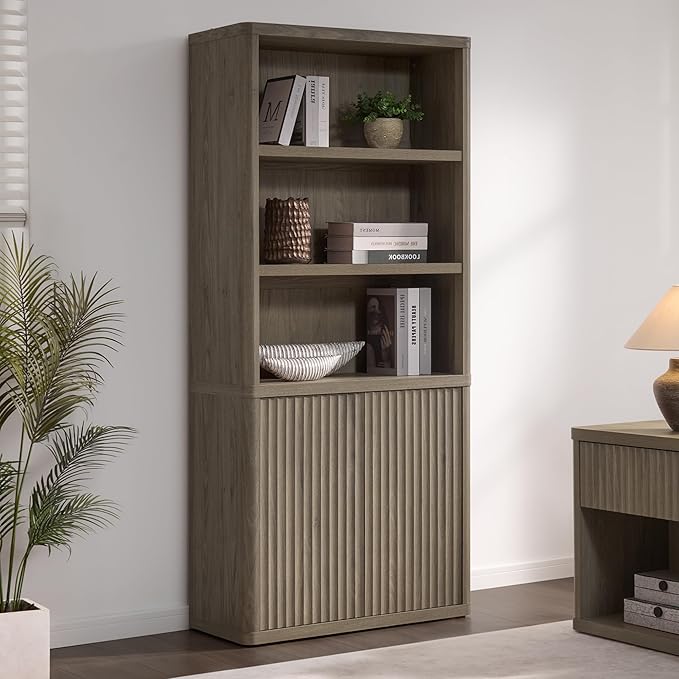 SICOTAS Book Shelf with Doors 71" Tall 6 Tier Bookshelf with Adjustable Shelves Fluted Booshelves & Bookcases Modern Book Case with Large Storage Display Cabinet for Living Room Home Office Bedroom
