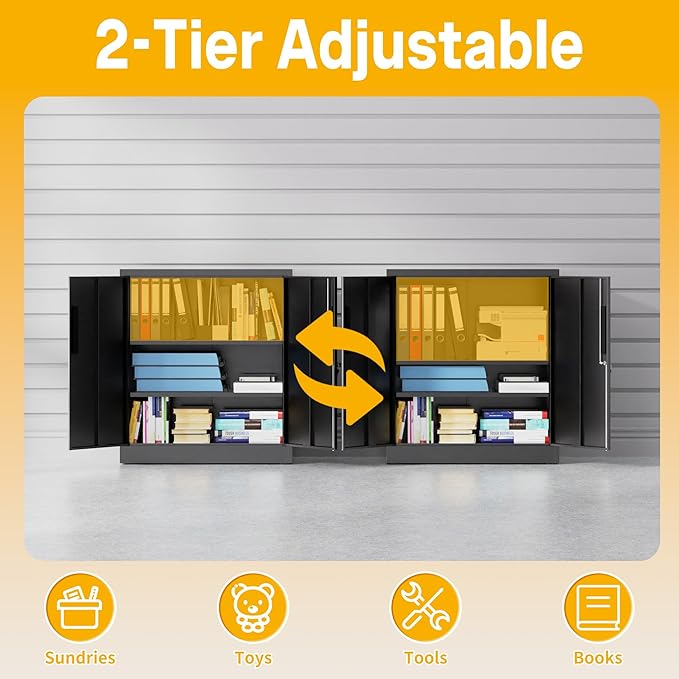 Metal Storage Cabinet, 35" Garage Storage Cabinet with 2 Adjustable Shelves & Lockable Doors, Black Garage Cabinets for Office, Home, Garage, Gym, School