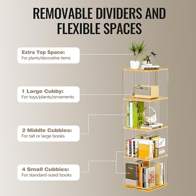 TAKEKIT Rotating Bookshelf, 360 Degree Revolving Bookcase, 4-Tier Spinning Bookshelf, Clear Acrylic & Solid Wood Rotating Bookcase for Kid’s Playroom, Bedroom and Living Room, Square