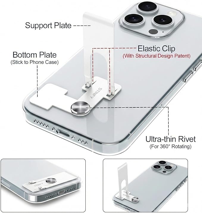 Phone Slim Stand Thin Kickstand, Ultra Thin Vertical Horizontal Universal Steel Metal Stable Mount Attachable Pocket Friendly Phone Holder for iPhone Samsung Phone Case (White 2-Pack)