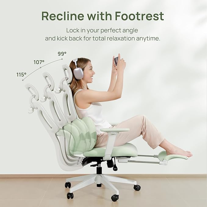 CabLady S1 Petite Ergonomic Home Desk Chair with Footrest and Headrest, High Back Fixed Lumbar Support with Detachable Pillow, Reclining Cute Office Chair for Women & Girls, 300 LBS Capacity