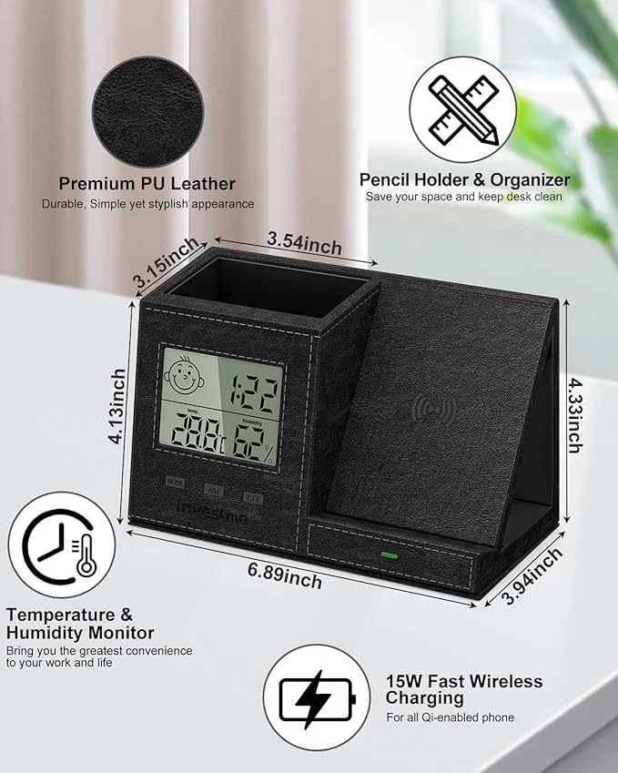 Pen Holder with Desk Organizer, Pencil Holder for Desk, Built in Digital Indoor Thermometer and Humidity Monitor, Multi-Functional Pencil Organizer for Home Office Supplies, Vegan Leather, Black