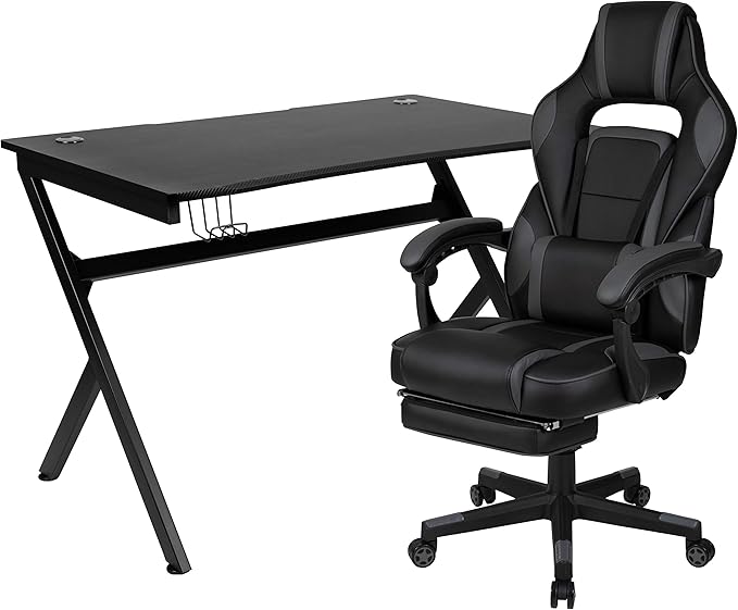 EMMA + OLIVER Black/Black Gaming Desk Set - Cup/Headset Holder/Reclining & Footrest
