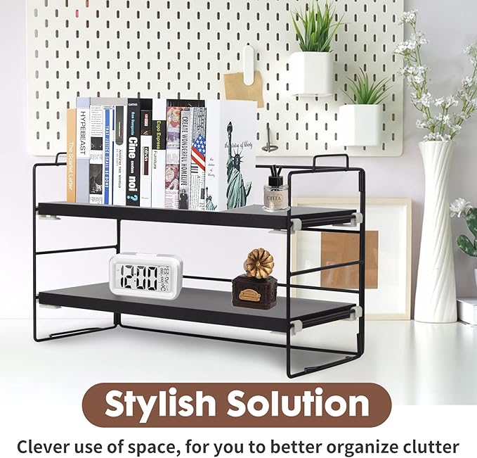 PowerKing Desk Shelf Organizer, 2-Tier Desktop Shelves with Wood Board, Adjustable Bookshelf Storage Rack for Home Office School Study Room (Black Frame + Black Wood)