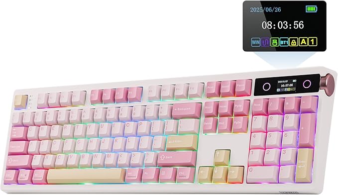 EPOMAKER TH108 PRO Full Size Mechanical Keyboard with Screen & Knob, Wireless Gaming Keyboard with 10000mAh, Creamy Gasket, Hot Swap, Custom Driver, RGB Backlight, NKRO (Pink, Sea Salt Silent)