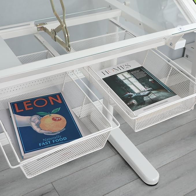 Adjustable Height Drafting Table with Storage Drawers & Stool for Adults, Glass Art Desk with Side Storage Strips, Drawing Table with Tilted Tabletop for Art Office Study (White+Glass B)