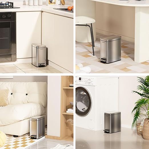 Small Bathroom Trash Can with Soft-Close Lid, 6L/1.6 Gal Stainless Steel Slim Step Garbage Can with Removable Inner Bucket for Bedroom, Bathroom