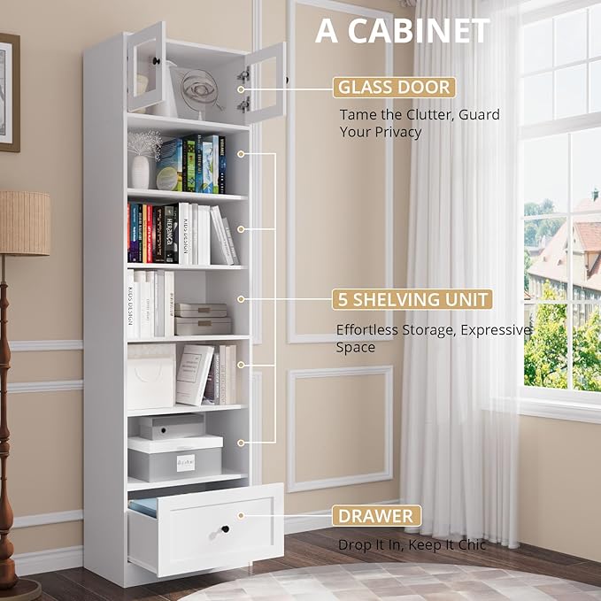 TUSY 85.5 Inch Tall Bookshelf with Doors - 7 Tier Bookcase with Glass Doors and Drawer, 23.6" Wide Storage Cabinet with Open Shelves for Living Room, White Book Shelf for Home Office, Study (BB)