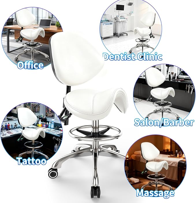 Saddle Chair with Back Support - Tilted Backrest, Adjustable Foot Rest, 350 LBS Capacity Ergonomic, 360° Swivel Drafting Chair for Salon, Spa, Massage, Tattoo, Facial lash, Home, Dentist (White)