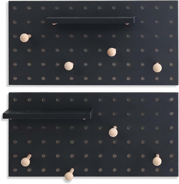 Wooden Pegboard Accessories Set: Modular Wall Hooks & Shelf for Garage, Office & Home Organization(Black Colored Finish-B)