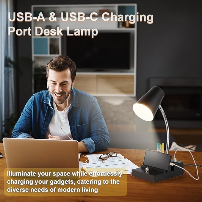LALISU Study Desk Lamp with USB Charging and Type-C Night Light, Gooseneck LED Table Lamp Stepless Dimming Study Table Lamp with Pen Holder for College Dorm Bedroom and Office (Black)