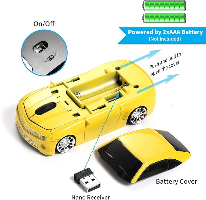 Wireless Car Mouse [Updated] with LED Headlights, 1600 DPI Sports Car Shaped Mouse for Mac, Computers, Yellow