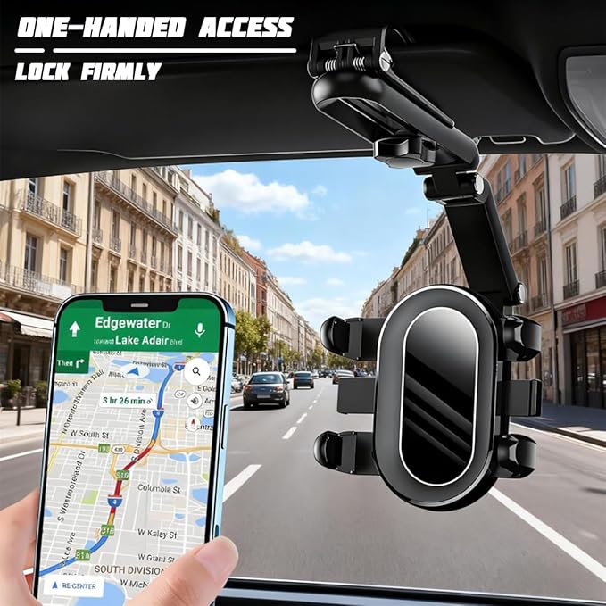 Car Sun Visor Phone Holder, 1080° Rotatable Rear View Mirror Cell Phone Mount with Extendable Arm, Adjustable Automotive Interior Smartphone Clip, Universal for Vehicles (Black)