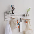 Wooden Pegboard Accessories Set: Modular Wall Hooks & Shelf for Garage, Office & Home Organization(White Colored Finish-B)