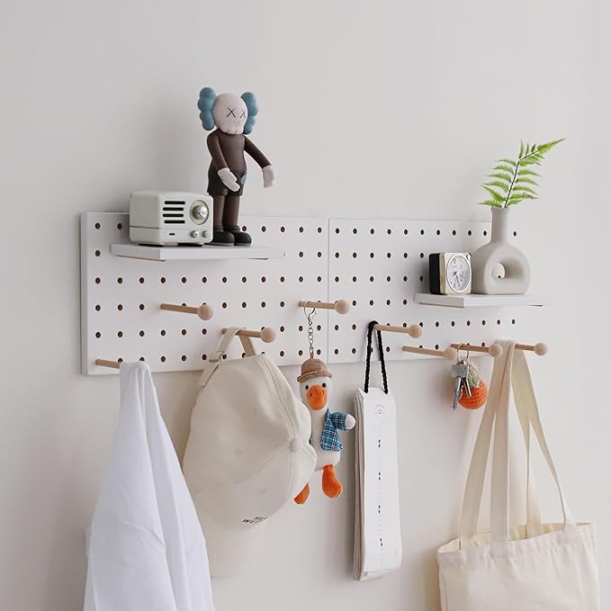 Wooden Pegboard Accessories Set: Modular Wall Hooks & Shelf for Garage, Office & Home Organization(White Colored Finish-B)