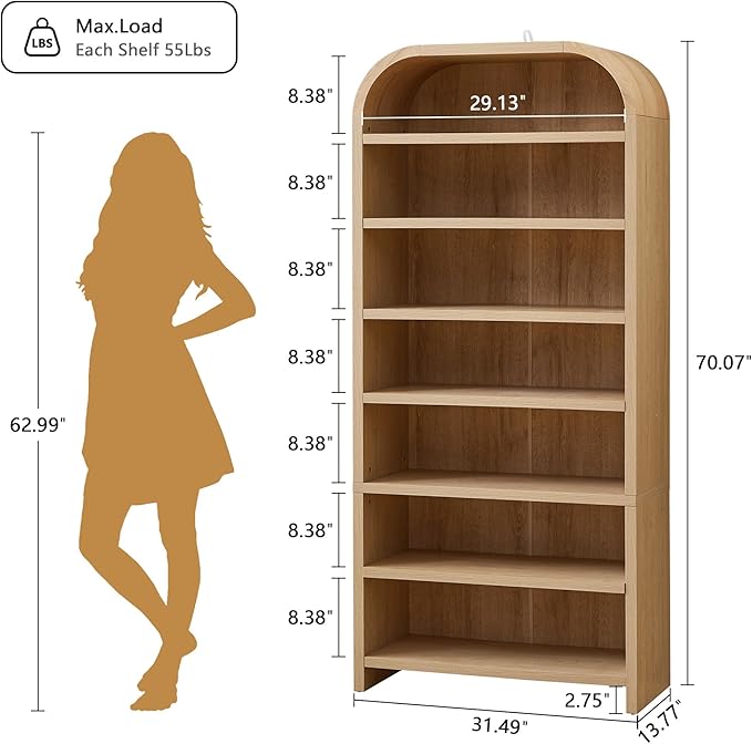LEVNARY 70" Tall Arched Bookcase, 7-Tier Freestanding Storage Cabinet with Adjustable Shelves, Thick MDF Bookshelf for Bathroom Living Room Bedroom (Natural)