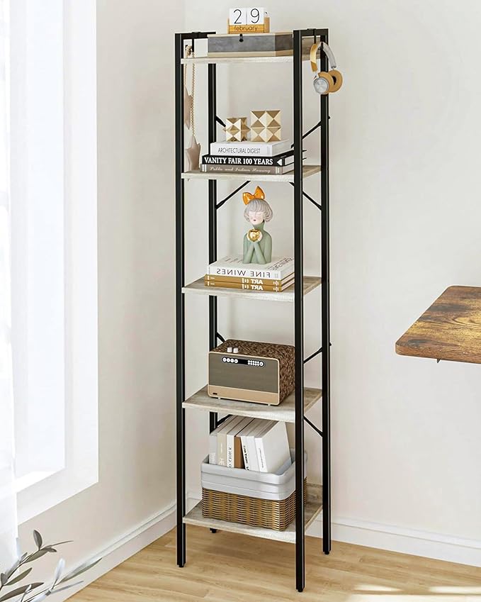 Hzuaneri Bookshelf, Book Shelf, Industrial Bookcase with 2 Hooks, Coner Shelf Storage Organizer for Home Office, Living Room, Bedroom, Kitchen, 5-Tier Greige BC10505B