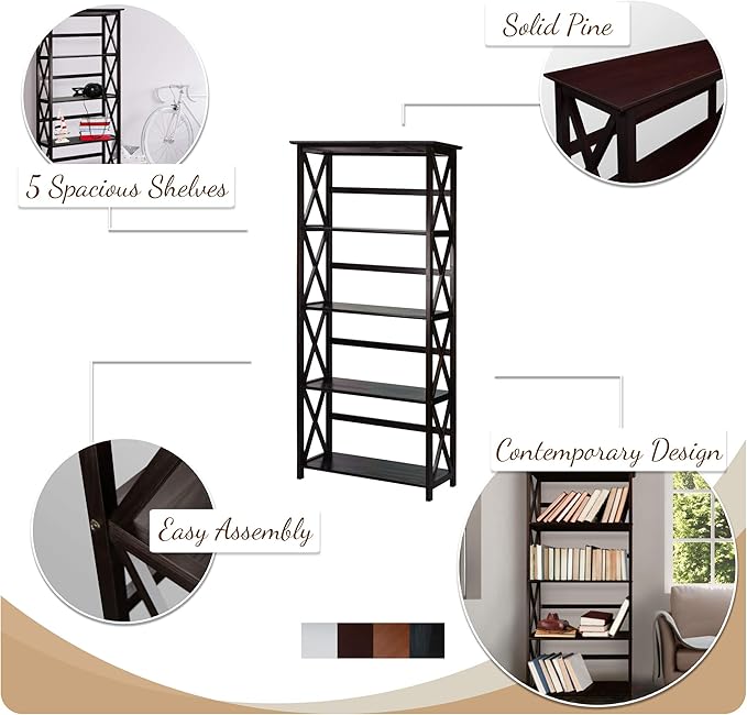 Casual Home Montego Bookcase, 5-Shelf, White,324-51