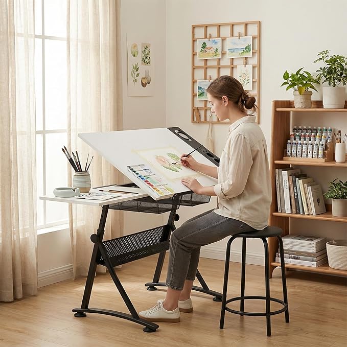 Magshion Professional Drafting Table for Adults w/Stool, Tilting Wooden Tabletop & Adjustable Height, Art Craft Desk Watercolor Paintings Sketching Work Station for Studio Home Office School (White)