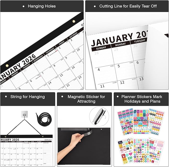 Ospelelf 2026-2027 Calendar Magnetic Desk Wall Desktop Monthly Planner from January 2026 - June 2027 Large To Do Pad with Plastic Cover for Office 17" X 12" Black