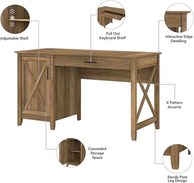 Bush Furniture Key West 54W Computer Desk with 2 Drawer Lateral File Cabinet and 5 Shelf Bookcase in Reclaimed Pine