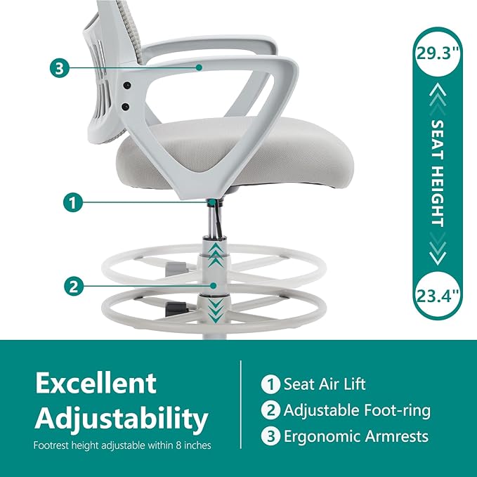 DUMOS Drafting Chair - Ergonomic Tall Office for Standing Desk, Counter with Height Adjustable and Comfortable Lumbar Support, Fixed Armrests, Grey
