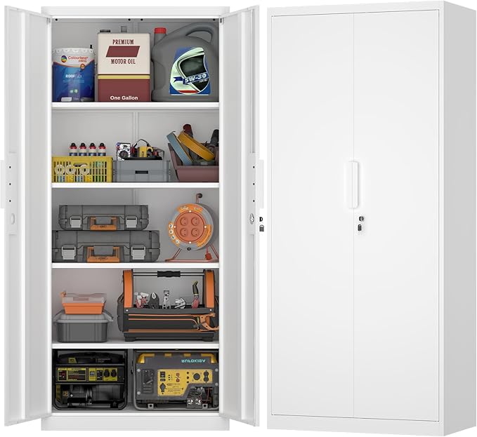 White Metal Storage Cabinet with Doors and Shelves, 71" Tall Metal Garage Cabinets with Lock, Lockable Office Storage Cabinets, Steel Tool Cabinets for Home Office,Garage,Shop