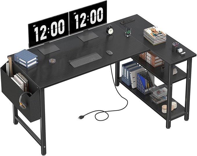 Lufeiya L Shaped Computer Desk with Power Outlet Shelves, 47 Inch Corner Desk for Home Office Bedroom, L-Shaped Study Writing Working PC Desks, Black