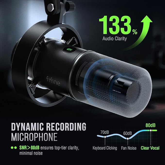 FIFINE Recording Vocal Low Profile Bundle with Arm Stand, Dynamic XLR/USB Mic, Gaming Audio Mixer, Wired Over-Ear Headphone for Podcast, Streaming, Game Voice, Music Creation