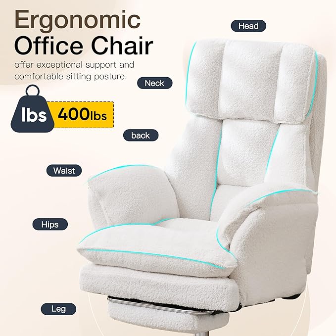 Ergonomic Cloud Cross Legged Office Chair with Footrest,Teddy Fleece Big and Tall Executive Chair with Wheels,Reversible Armrest,155° Reclining Computer Wide Desk Chair for Home,Office (Beige)