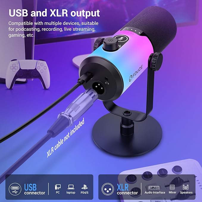 FDUCE Dynamic Gaming Microphone kit, USB/XLR Podcast Computer Microphone with Desktop Stand, RGB Light, Mute Button and Headphone Jack, for Gamer Streaming Recording Studio YouTube Online Chat(D20)