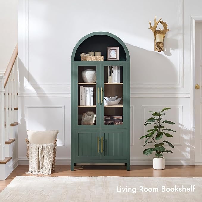 71" Tall Arched Display Cabinet, 5-Tier Bookshelf Modern Farmhouse Arched Bookcase with Glass Doors and Shelves, Wooden Pantry Storage Cabinet for Living Room, Office and Kitchen, Green