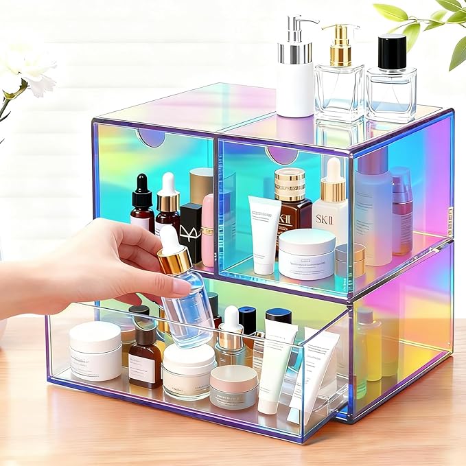 Gelite Desk Organizer with 3 Storage Drawers for Makeup Office Acrylic Desktop Drawer Organizer for Vanity Office Organization and Storage Box, Iridescent