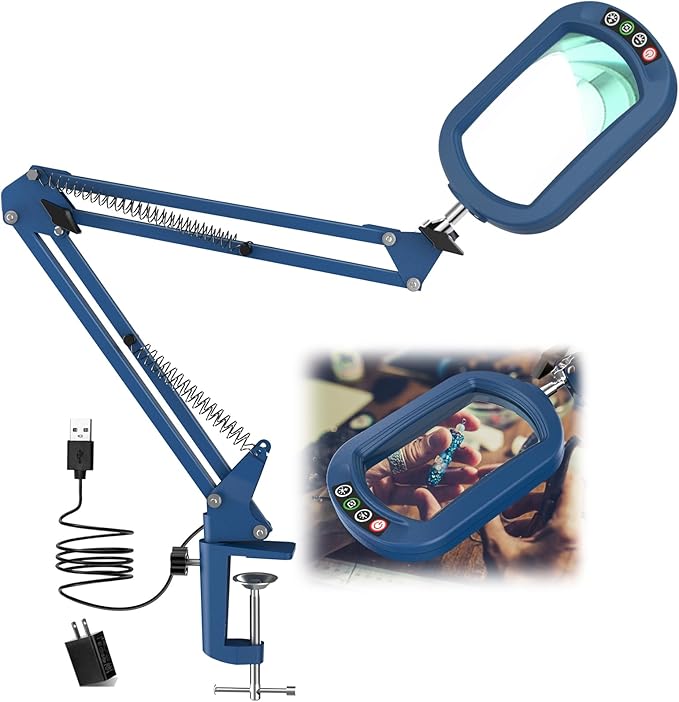 IVMAIE 10X Rectangle Magnifying Glass with Light, 5 Color Modes Stepless Dimmable Magnifier with Stand, LED Lighted Clamp Desk Lamp with Swing Arm, Hands Free for Reading Painting Close Work - Blue