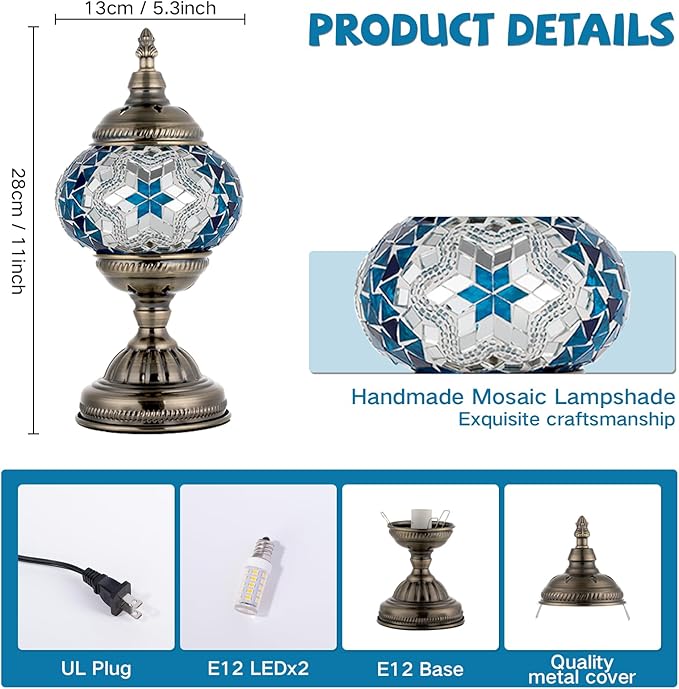 GOGERS Turkish Moroccan Table Lamp Lantern with Handmade Mosaic Glass Lampshade Tiffany Style Bohemian Stained Glass Decorative Desk Lamps Bedside Night Lights for Bedroom (Blue White)