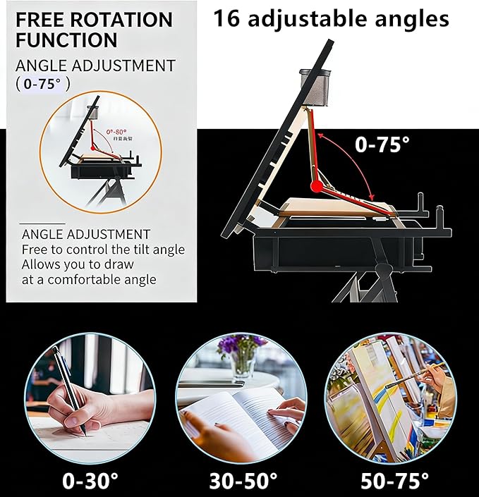Drafting Table with Stool, Height Adjustable Drawing Table Art Table Painting Table Art Craft Desk with 0-75° Tilting Tabletop and Storage Drawers, Black