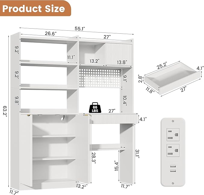 kepptory 63" Tall Computer Desk with Hutch, Fluted Wood Computer Desk, Featuring Charging Station, Drawer and Storage Cabinet, for Home Office Work and Study (White)