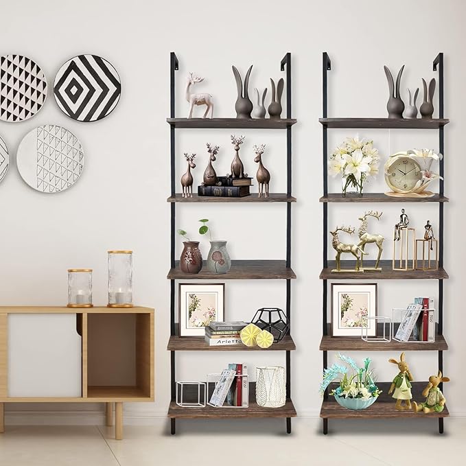 Wolawu 5 Tiers Ladder Shelf 2-Piece Black Modern Tall Bookshelf Open Large Tall Wall Mount Storage Bookcase Standing Leaning Wall Shelves Industrial Decorative (Brown)