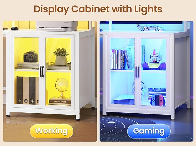 SEDETA L Shaped Gaming Desk with 4 Drawers, 109” Computer Desk with Display Cabinet, Home Office Desks with 2 Monitor Stands, CPU Stand, LED Lights and Power Outlet, White